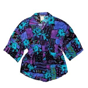 Hotstuff Women Size M Blue Purple Abstract Floral Print Button Up Shirt VTG 80s